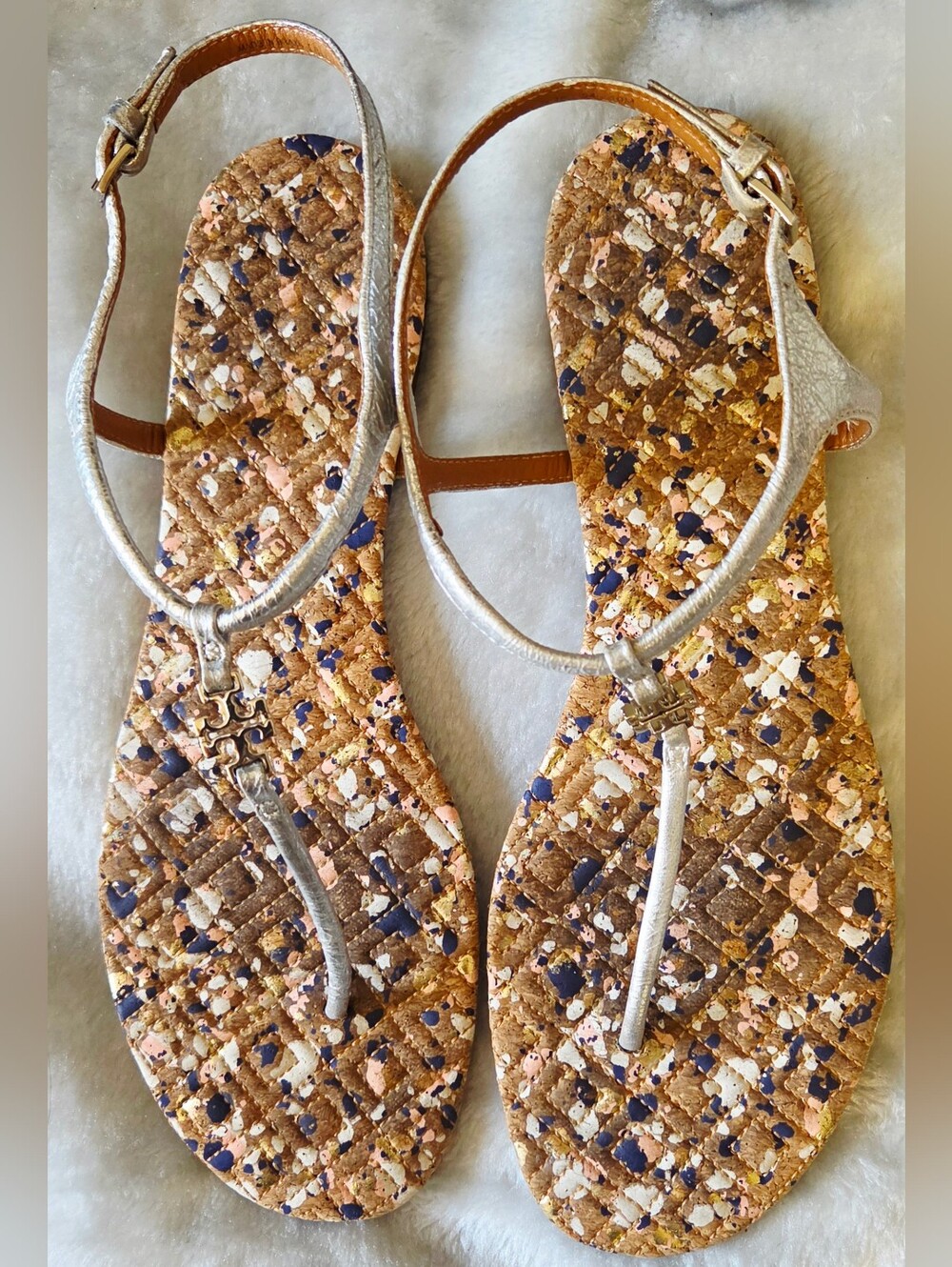 Tory Burch Metallic Silver T-Strap Sandals with Multicolor Cork-Effect Footbed
